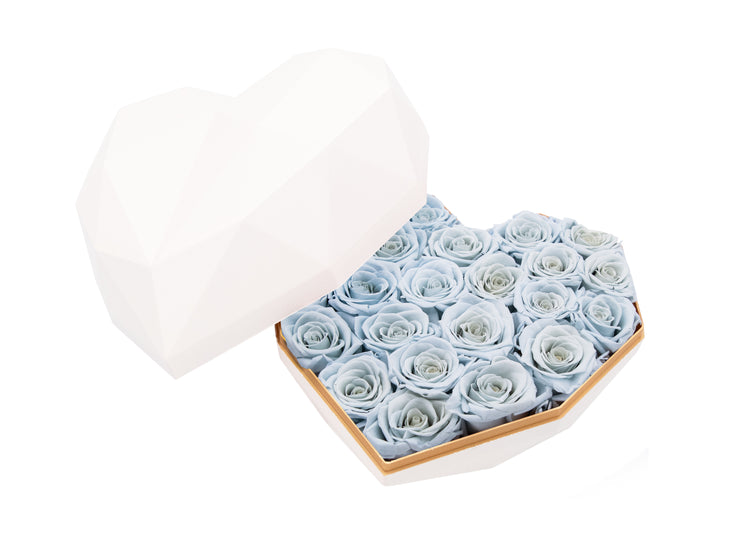 White Luxury Heart Shaped Preserved Rose Box - Blue Roses